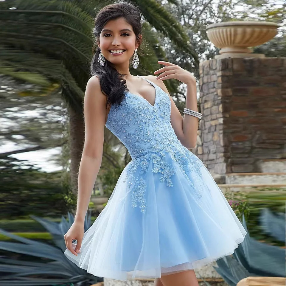 Sexy light blue home dress spaghetti strap lace bead girl sweet graduation dress short ball party vest cocktail 250103