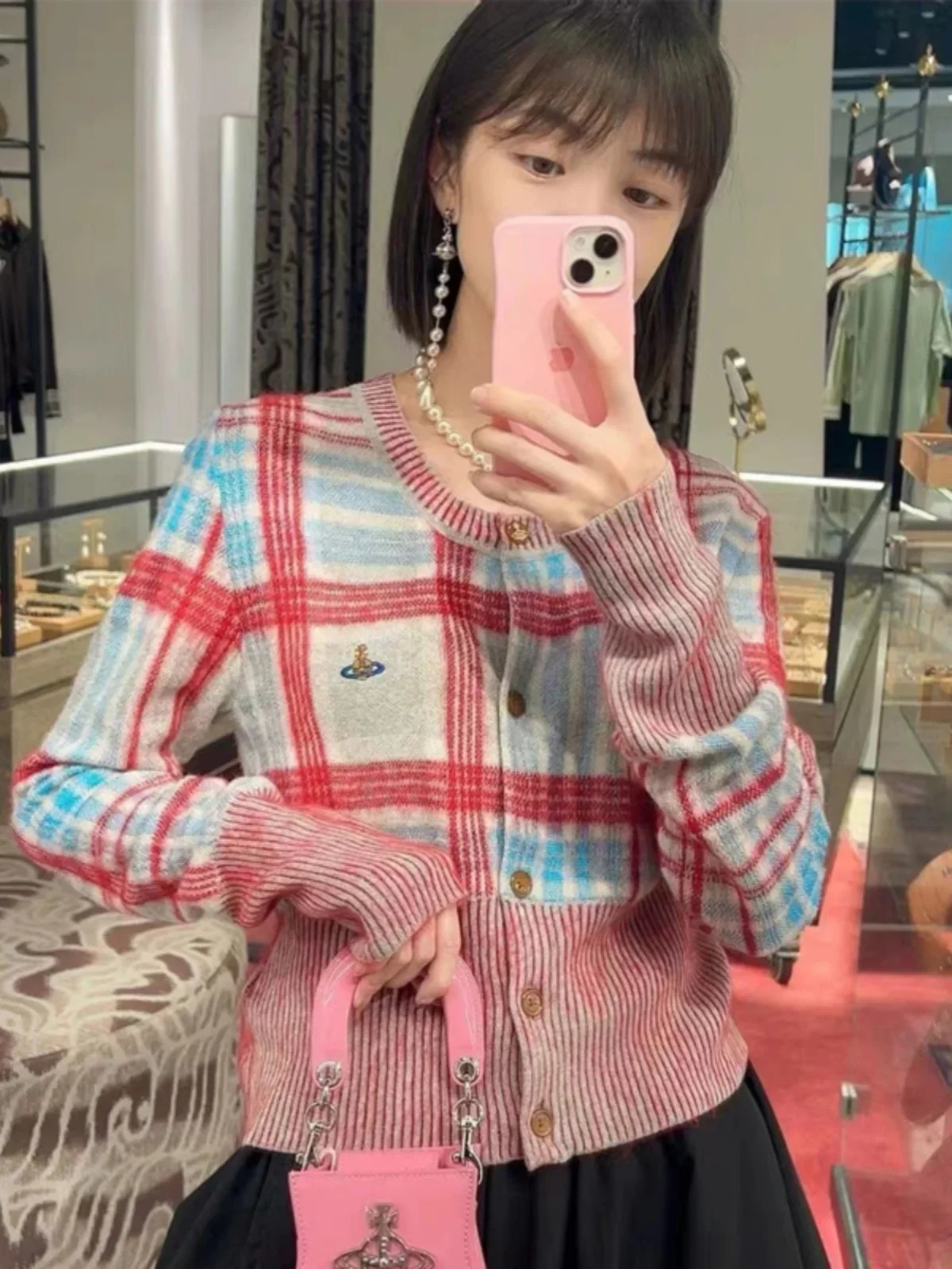 High Quality Fashion Punk Style Cardigan Slim Fit Sweater Warm Winter Clothes Planet Embroidery Plaid Knitwear Outerwear Women 250102 - view 5