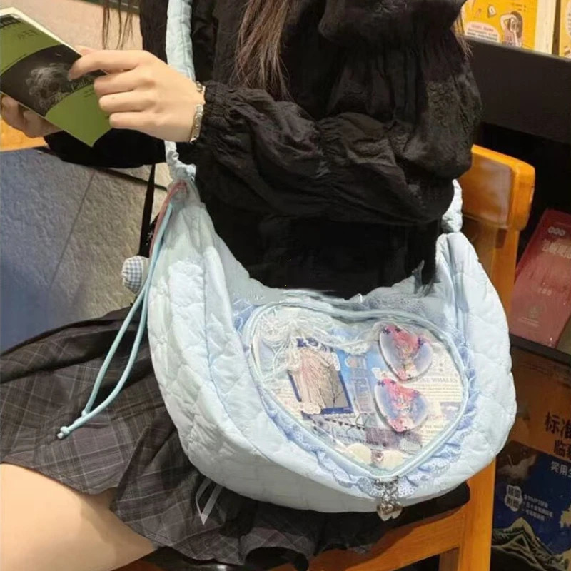 Pink Cute Womens Shoulder Bag Pleated Love Heart Lolita Jk Ita Bag Drawstring Ballet Style Sweet Fashion Female Handbag 250103