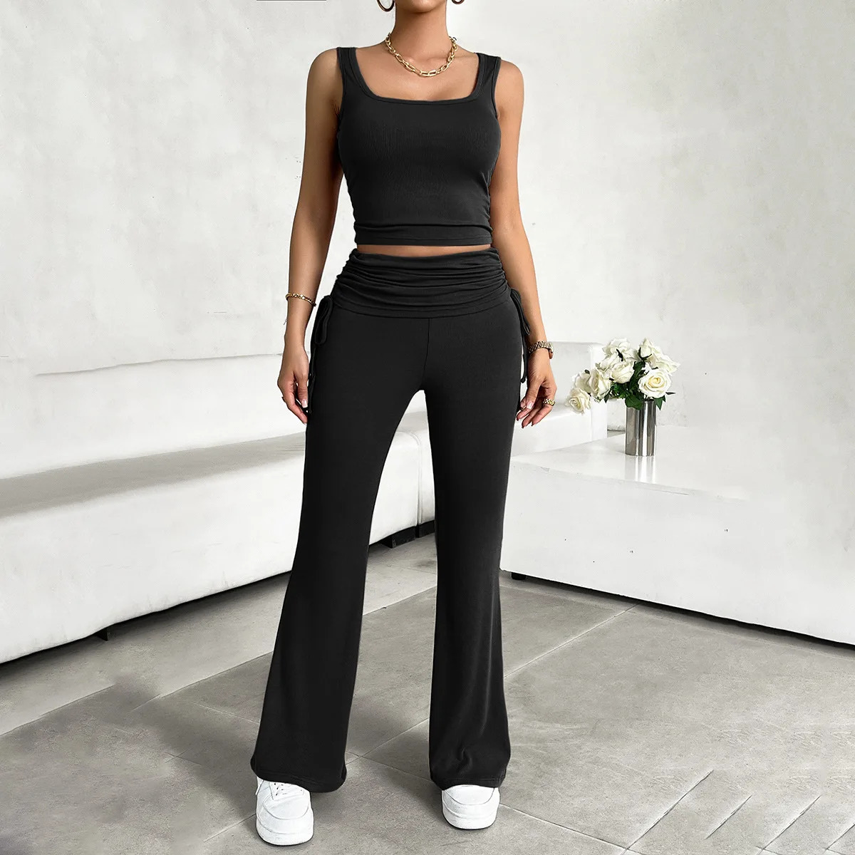 Summer Womens Set Two Pieces Slim Squareneck Ladys Camisole Drawstring Fold Fit Female Trousers 2 Piece Sets Women Outfit 250106