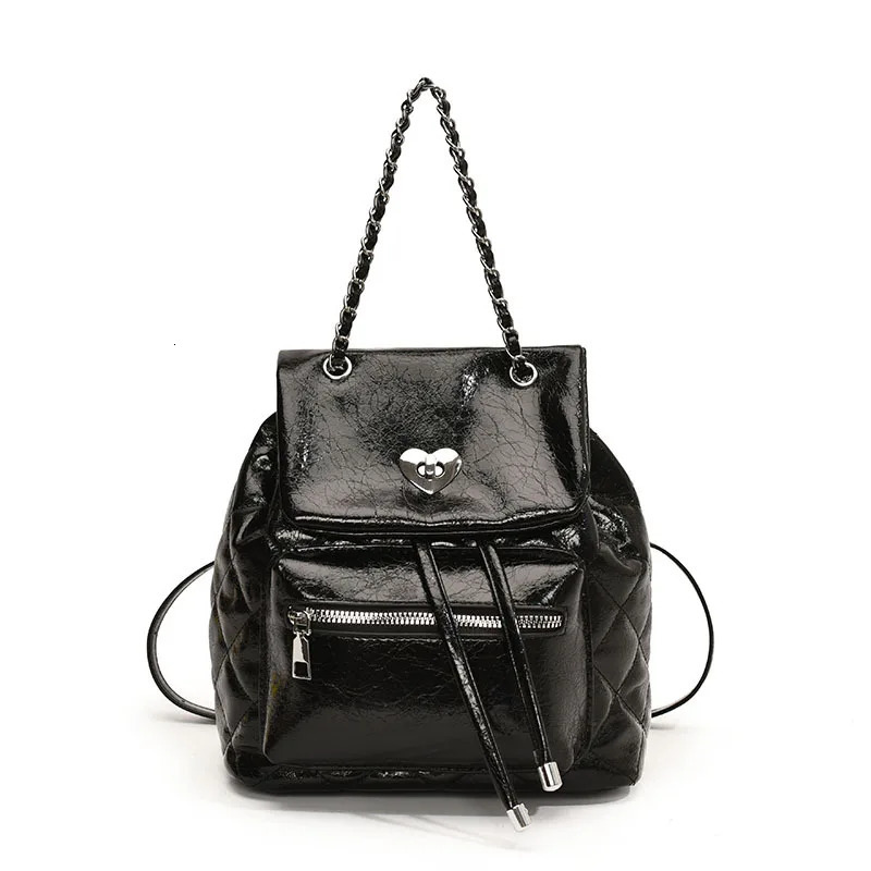 Laser Shiny Patent Leather Womens backpack Casual Chain Drawstring Lock Bucket School Bag Travel Bag 250102