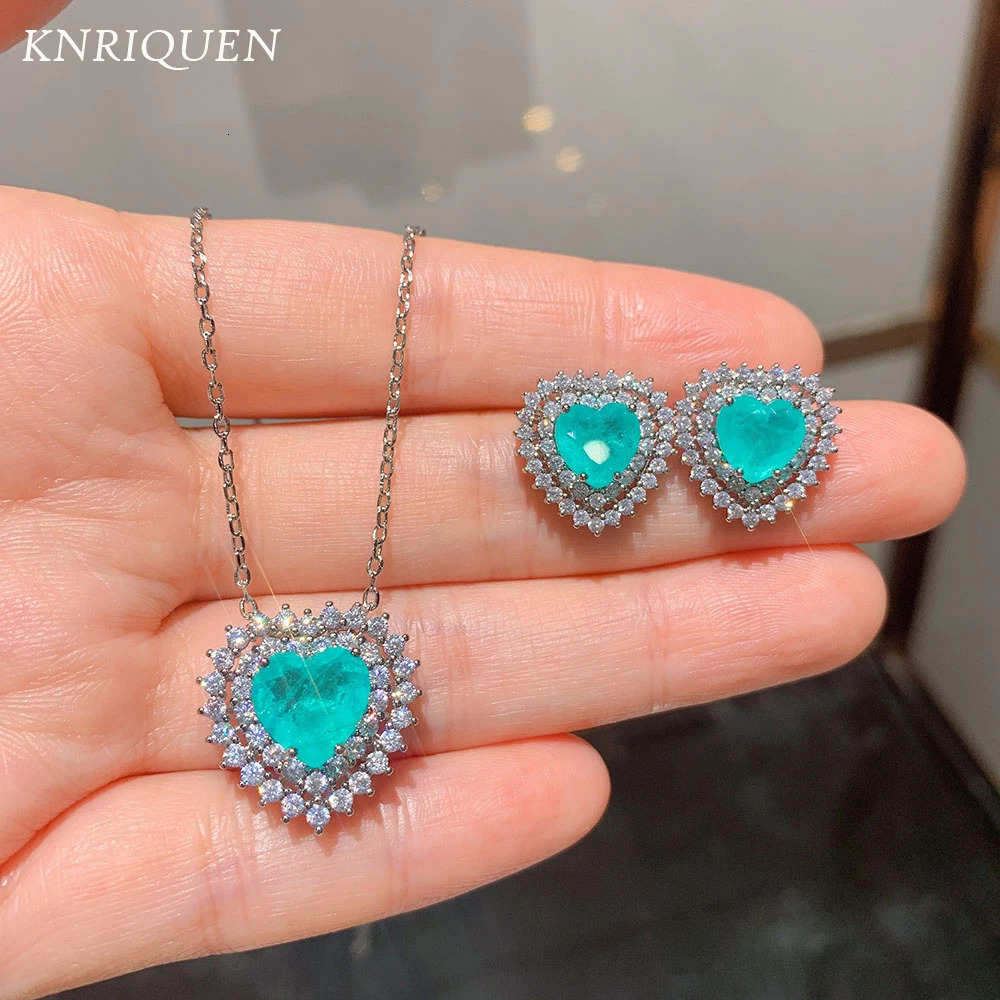 Charms 10*10MM Heart-Shaped Paraiba Tourmaline Ocean Star Pendant Necklace Stud Earrings Lab Diamond Womens Jewelry Sets Gifts 250102