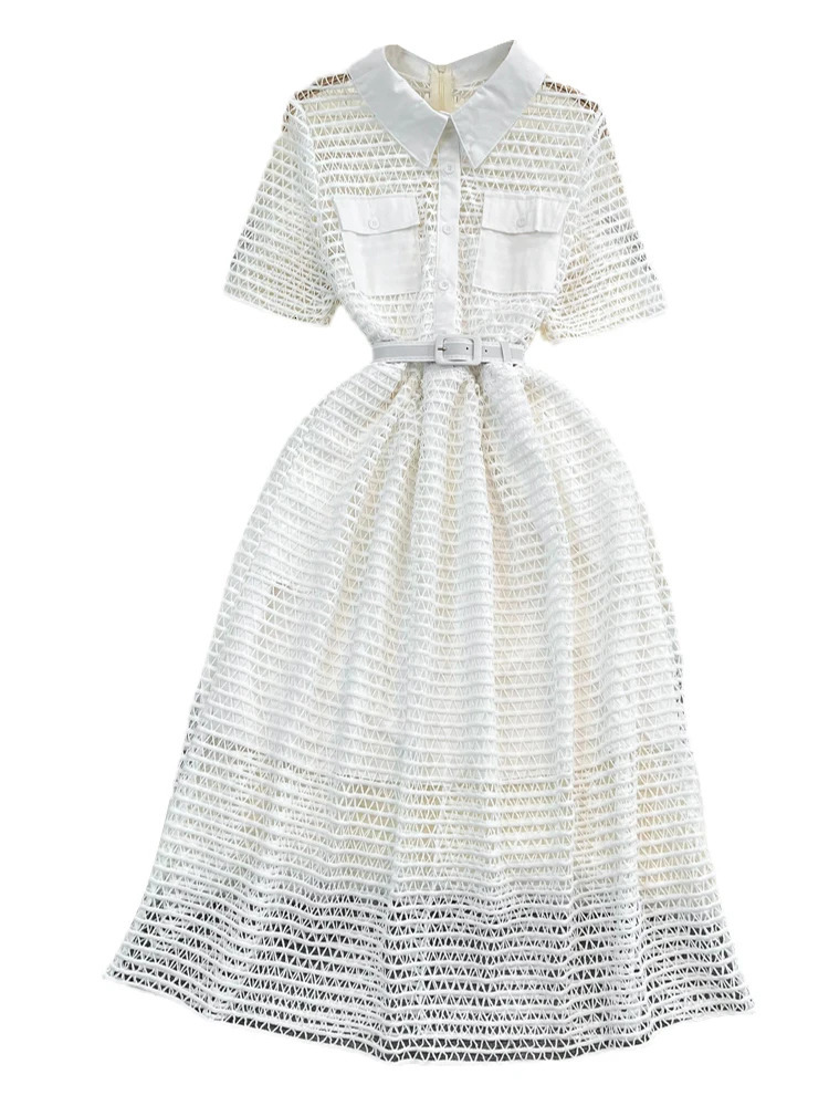 XFPV Elegant Pockets Lapel Collar Slim Pockets Dress Women Leisure Perspective Belt Vestido 2025 Summer Fashion SM6666 250103