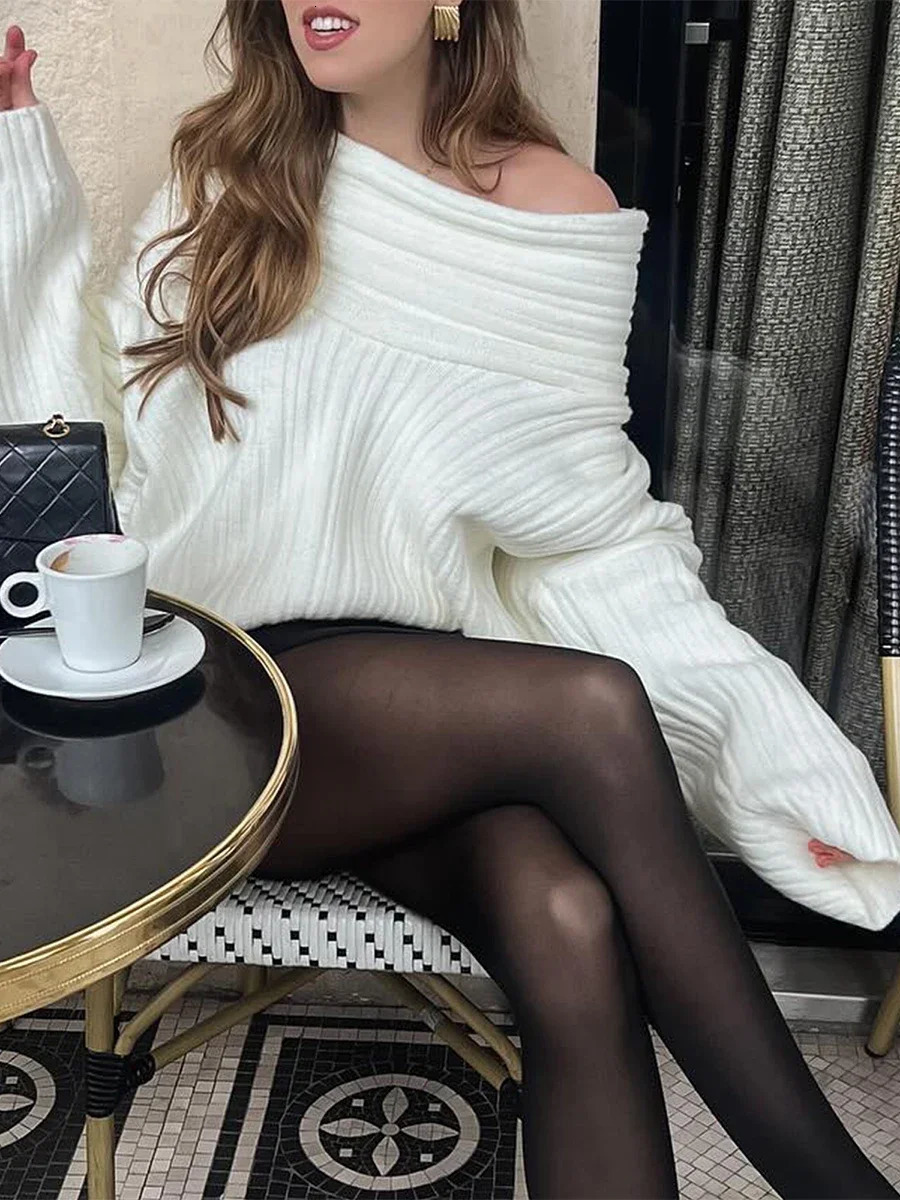 Women Loose Knit Autumn Winter Warm Sweater Solid Color Long Sleeve Boat Neck Off Shoulder Pullovers Female Jumpers Tops Coat 250103