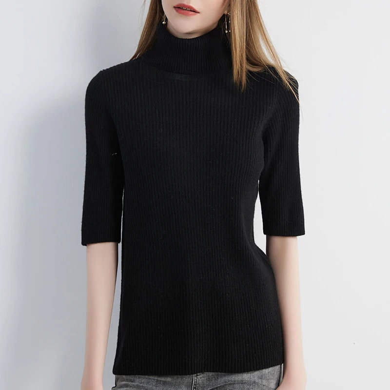 Sweater for Women Knitwears Turtleneck Tops 100% Wool Short Sleeve Pullover Spring Cashmere Knit Clothes Korean Fashion y2k 250103