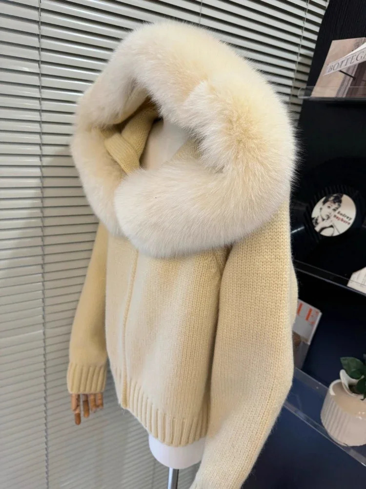 Womens Hooded Knitted Cardigan Loose Fur Collar Monochromatic Coat Zipper Casual Fashion Winter 250102