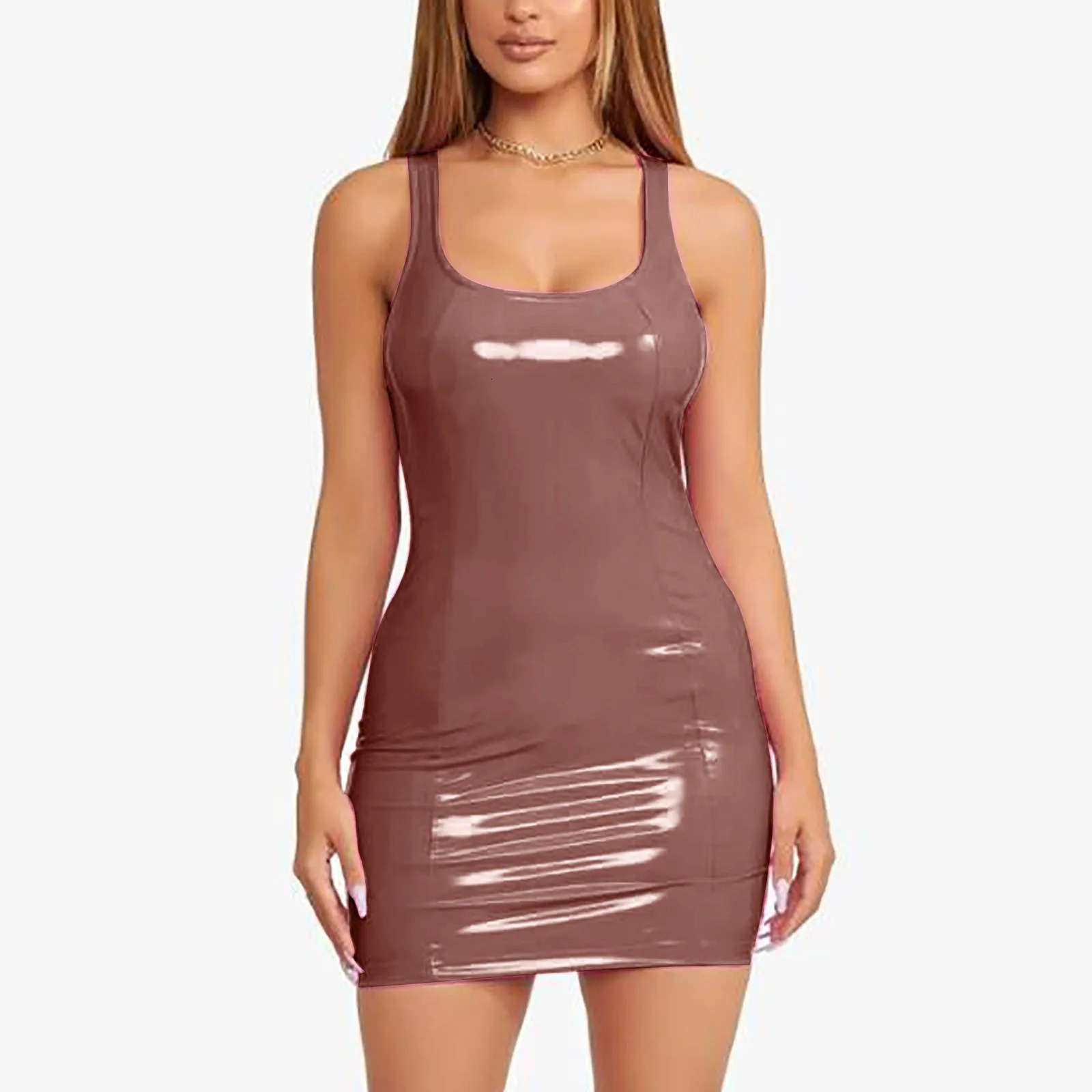 Women Dresses Evening Party Fashion Solid U Neck Sleeveless Leather Mini Bag Hip Night Club Dress Vestidos Para Mujer 250103