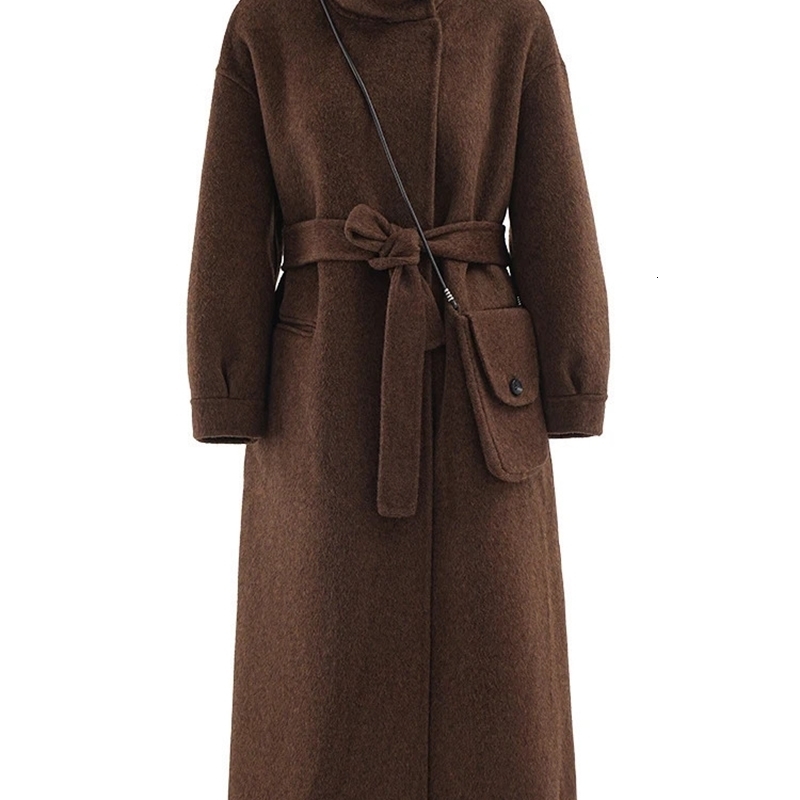 EAM Brown Big Size Thick With Bag Woolen Coat Sand Collar Long Sleeve Women Jacket Fashion Autumn Winter CPG2032 241217
