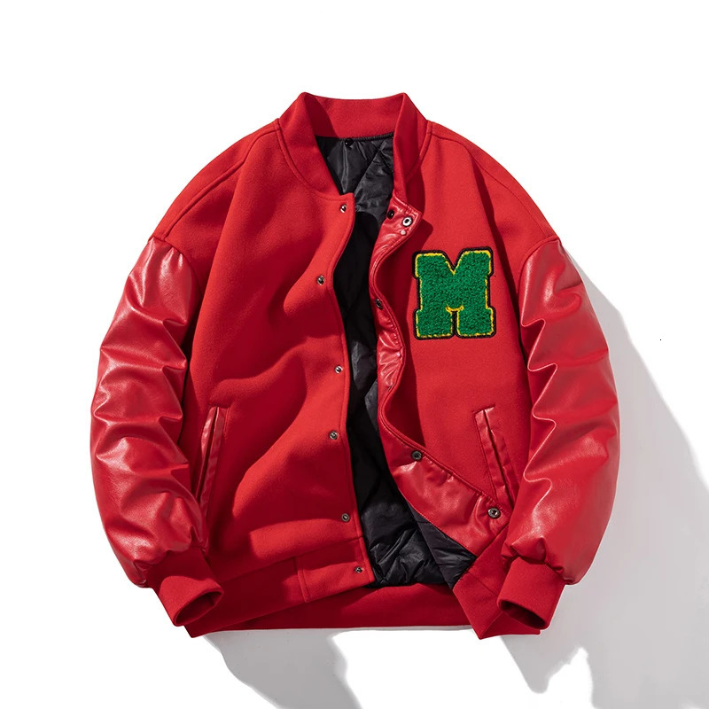 Men Varsity Jacket Winter Women Letter Fashion Baseball Jacket Leather Sleeve Motorcycle Coat Button College Warm Parkas Red 250103