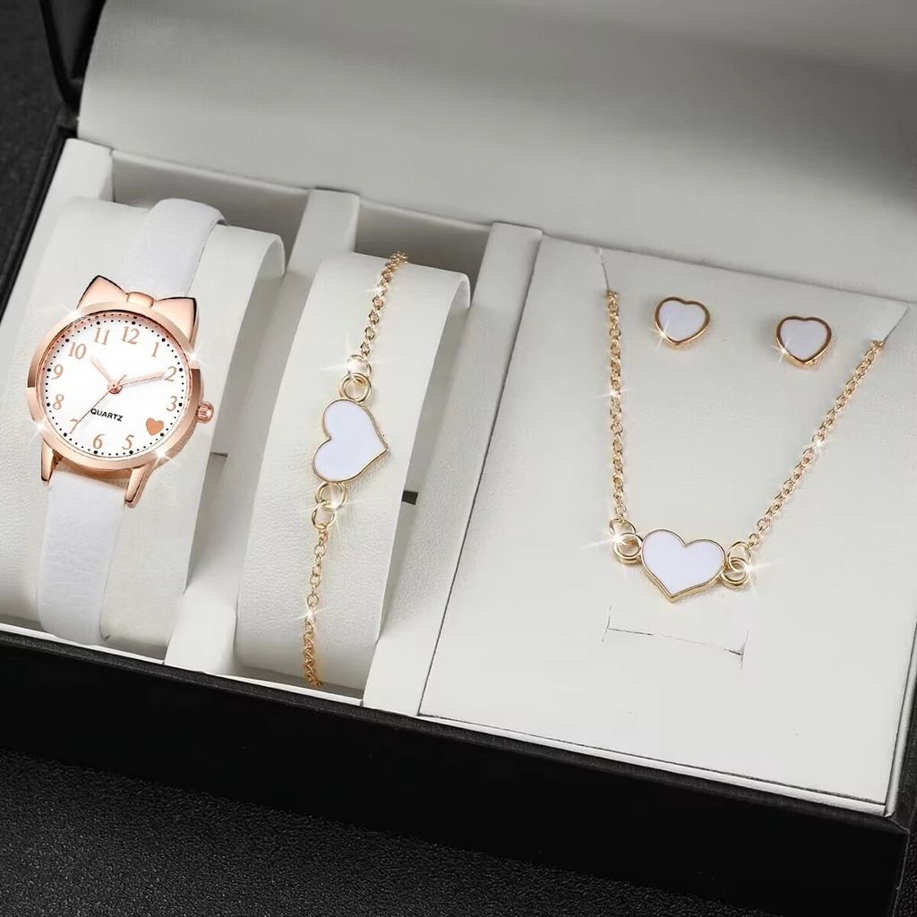 Fashion Womens Quartz Watch PU Leather Strap Student Cute Cartoon Girl WatchesJewlery Set NO BOX 241228