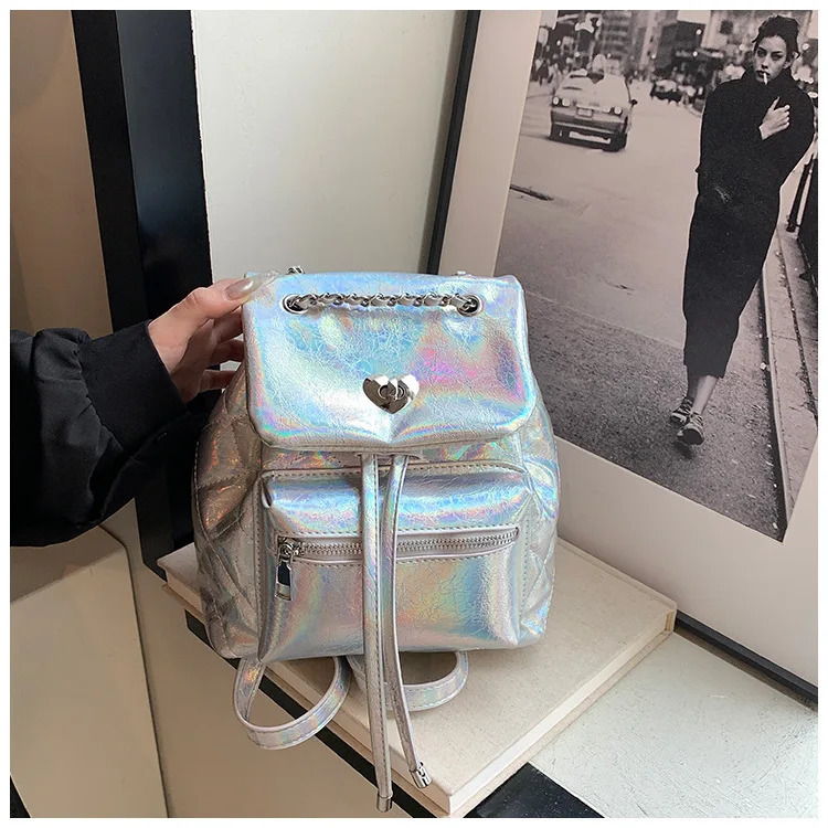 Laser Shiny Patent Leather Womens backpack Casual Chain Drawstring Lock Bucket School Bag Travel Bag 250102