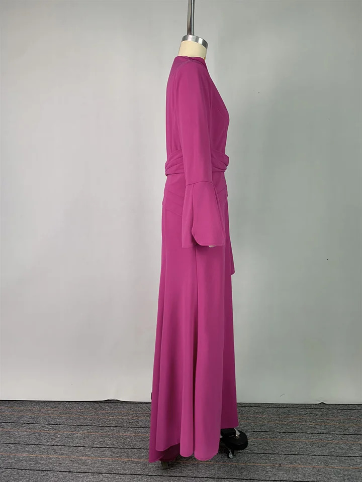 UOOZEE Female Elegant Party Evening Maxi Dresses Women Spring Flared Sleeves Deep V-Neck Pleated Formal Prom Gown 250103