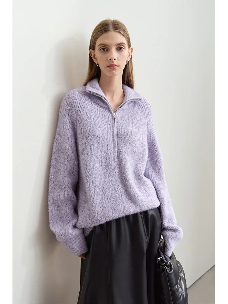 Amii Turtleneck Zipper Semiopen Imitation Mink Needle Sweater Pullovers Winter Womens Loose Shoulder Sleeve Tops 12444266 250103