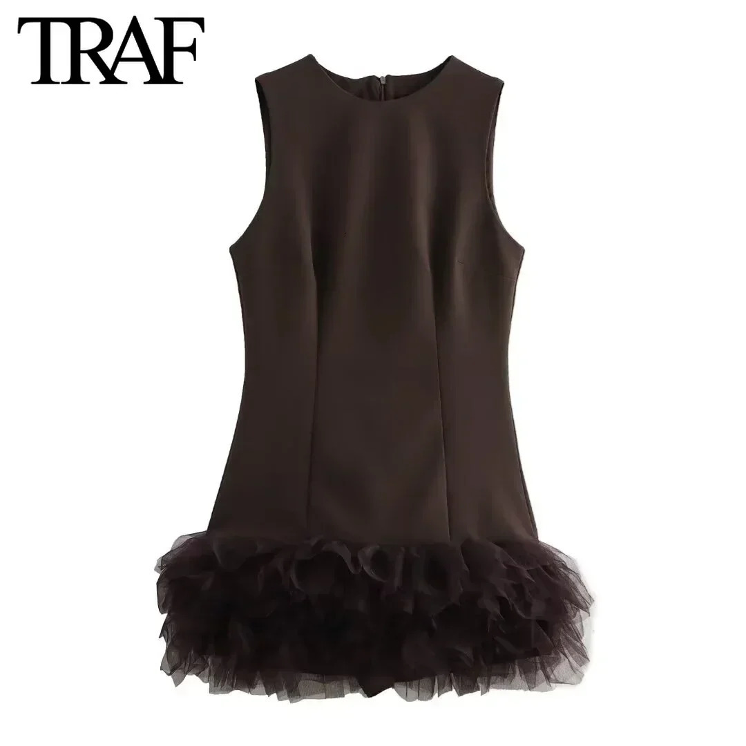 TRAF Elegant Hem Mesh Mini Dress Womens Sexy Slimming O-Neck Sleeveless Womens Party Dress 2025 Spring A-line Womens Dress 250103