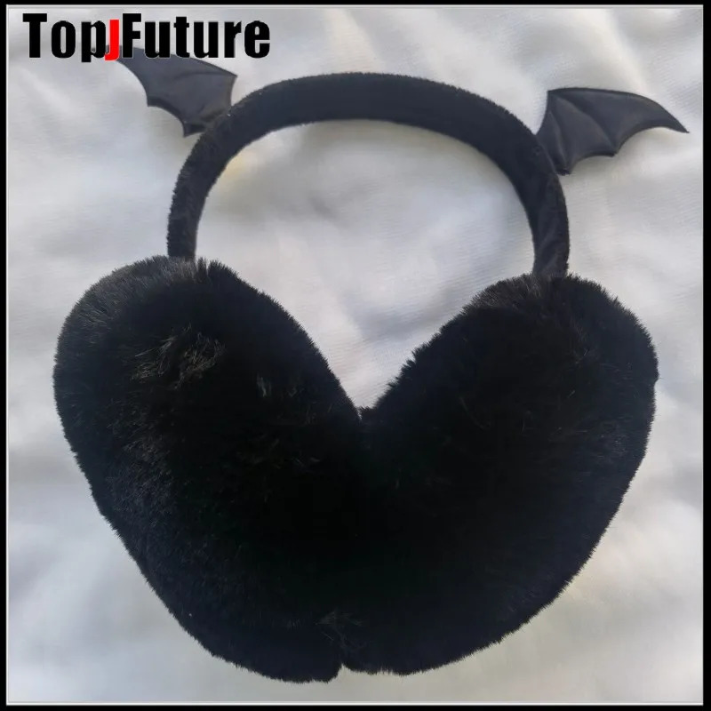 Harajuku Punk Girl Women Plush Cat Ear Bat Wing Warm Earmuffs Gothic Womens Lolita Warmer Muff Ear Cover Cross Fold Headband 250106