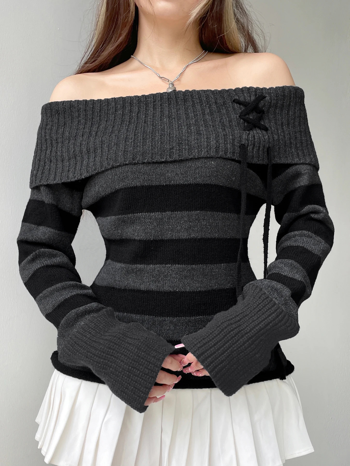 Off Shoulder Slim Knitted Stripe Jumper Women LaceUp Slash Neck Long Sleeve Sweater Tee Korean Fashion Street Knittwear 250103