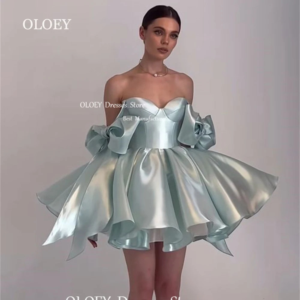 OLOEY Sexy Sweetheart Mini Ball Cocktail Dress Ribbon Bow Sleeve Folded Satin Evening Dress Customized Wedding Party Dress 250103