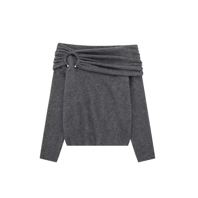 Womens Off Shoulder Soft Glutinous Sweater Base Loose Long Sleeved Pleated Knit 250103