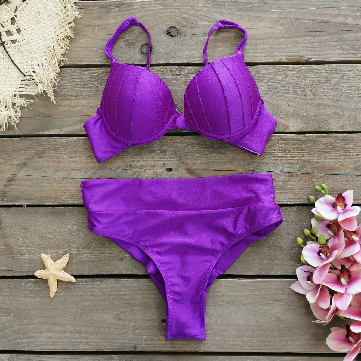 Push Up Bikinis Women Swimsuits Solid Padded Swimwear Vintage Female Swimsuit High Waist Biquini Bathing Suit 250106