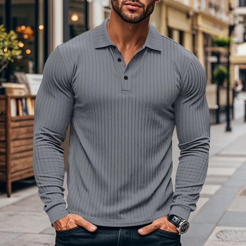 Mens polo shirt with long sleeves and buttons solid color trendy latte art knitted streetwear 250103