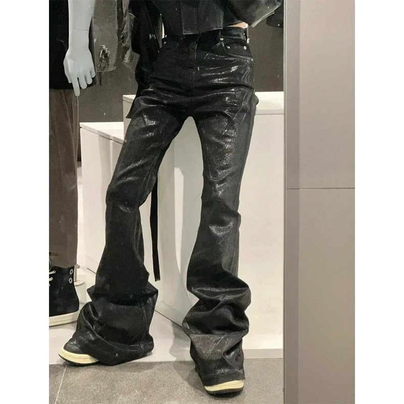 UMI MAO RO Style Niche Dark Brushed Wax Coating Pure Black High Elastic Ribbon Jeans Wide Leg Micro Flared Pants Men 250103