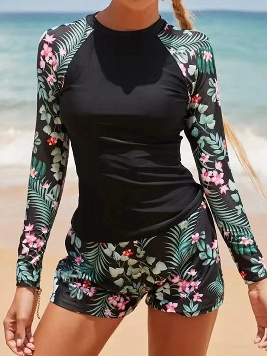 Long Sleeve Surfing Swimsuit Print Swimwear Women Two Pieces Diving Clothes Beachwear Bathing Swimming Swim Suit 250106