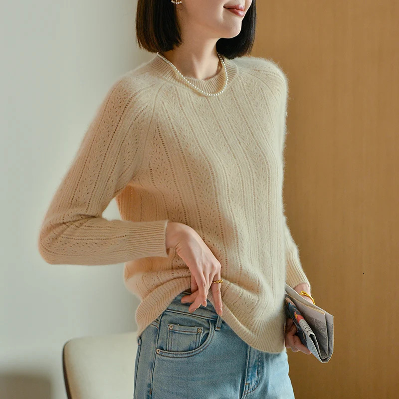 Cashmere Pullover Sweater AutumnWinter Casual Hollow Knit Loose Round Neck Ladies Tops Thickened 100% Pure Wool Blouse 250103