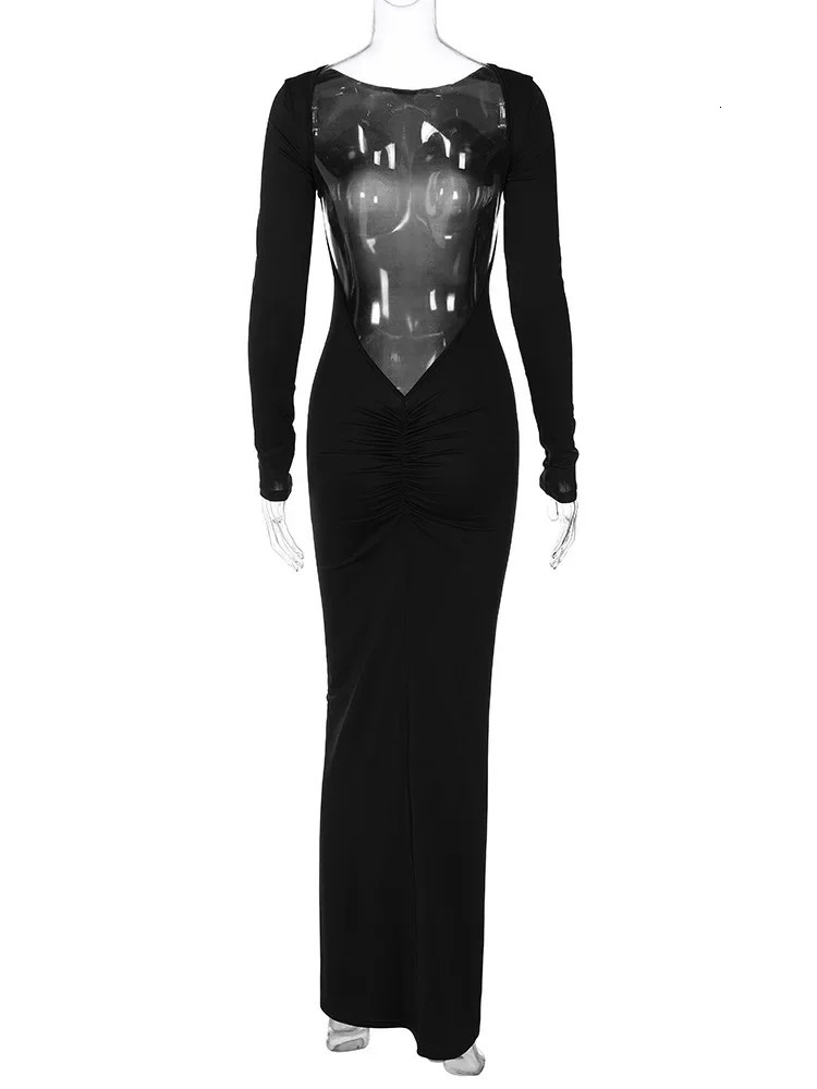 BWQ Long Sleeve Backless Ruched Maxi Dres Bodycon Sexy Party Birthday Evening Outfits 2024 Spring Summer Clothes 250103