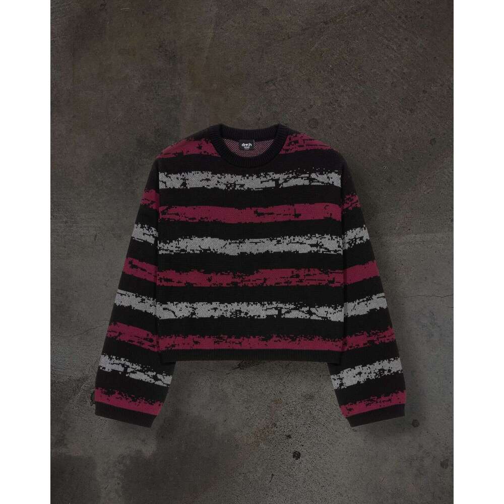 Knitted Striped Jacquard Pattern Round Neck Long Sleeve High Street Loose Sweater Dark Style