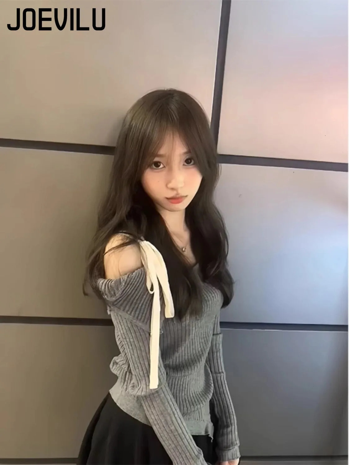 Off Shoulder Strap Pullover Sweater Long Sleeved Knitted Tops Female Slim Fit Lining Babes Korean Fashion Jumper Y2k Clothes 250103