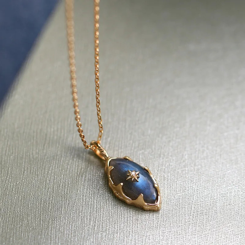 LAMOON Retro Style Bijou Pendant Necklace For Women Natural Dark Grey Labradorite 925 Sterling Silver Gold Vermeil Fine Jewelry 250106