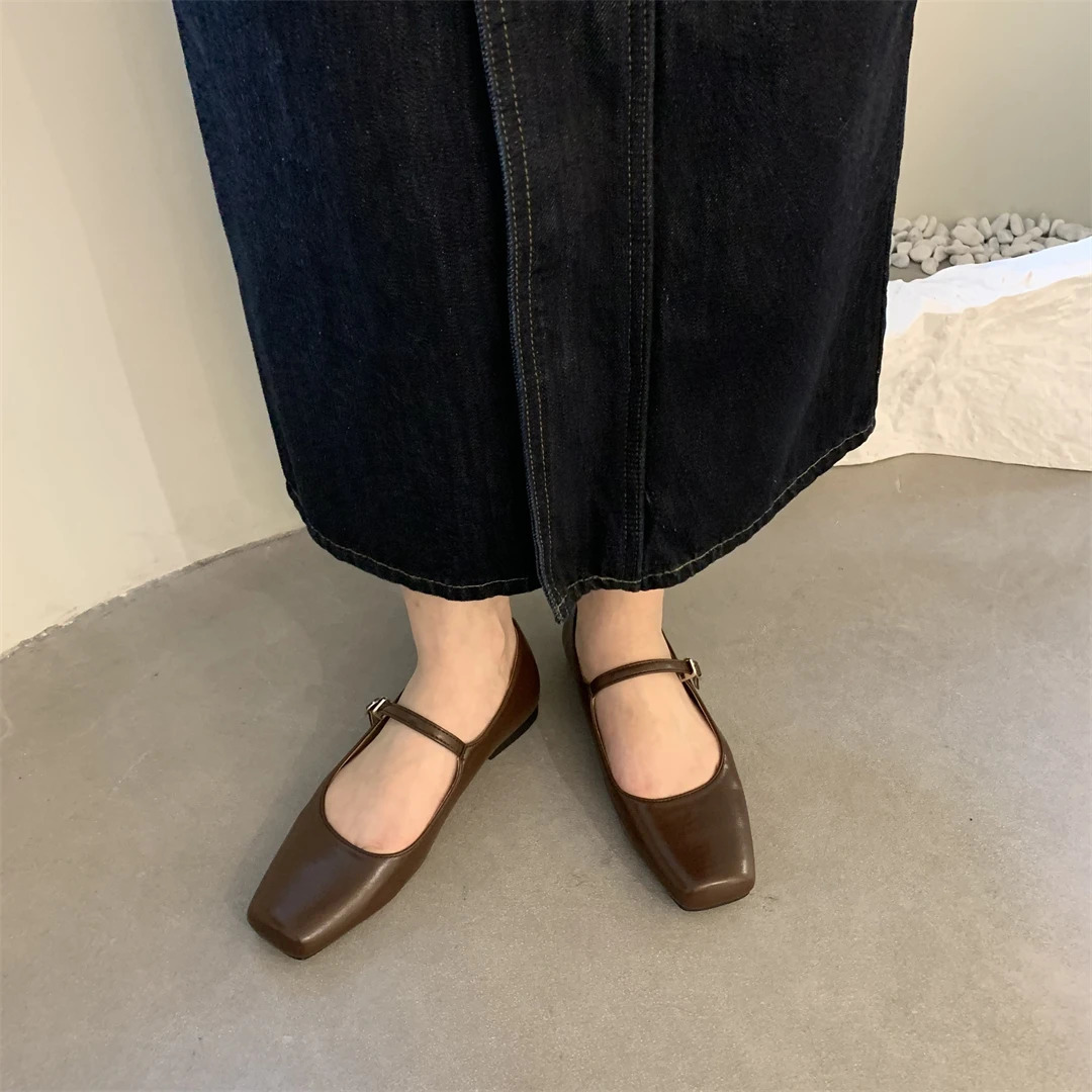 2024 Spring Women Mary Jane Shoes Fashion Square Toe Shallow Slip On Ladies Flat Shoes Soft Sole Outdoor Dress Ballerina 250106