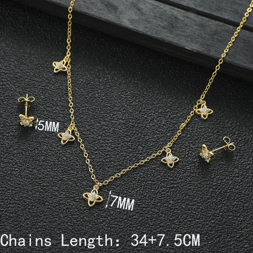 Sweet Geometric Hollow Out Small Flower Cubic Zircon Dubai Bridal Necklace Stud Earring Jewelry Sets Summer Party S525 250102