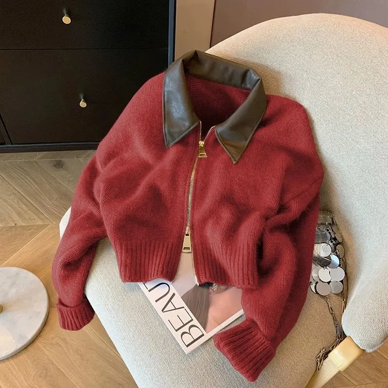 Autumn Winter knitted Cardigan Sweater Women Fashion LongSleeved Polo Collar Short Coat Female Loose Lady Tops 250103