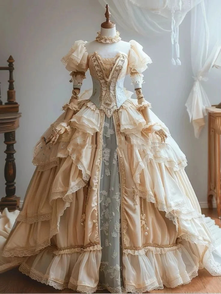 2025 Vintage Victorian Prom Dresses Short Sleeves Ruffle Tiered Ball Gown Special Occasion Dress Champagne and Silver Long Princess Evening Gowns