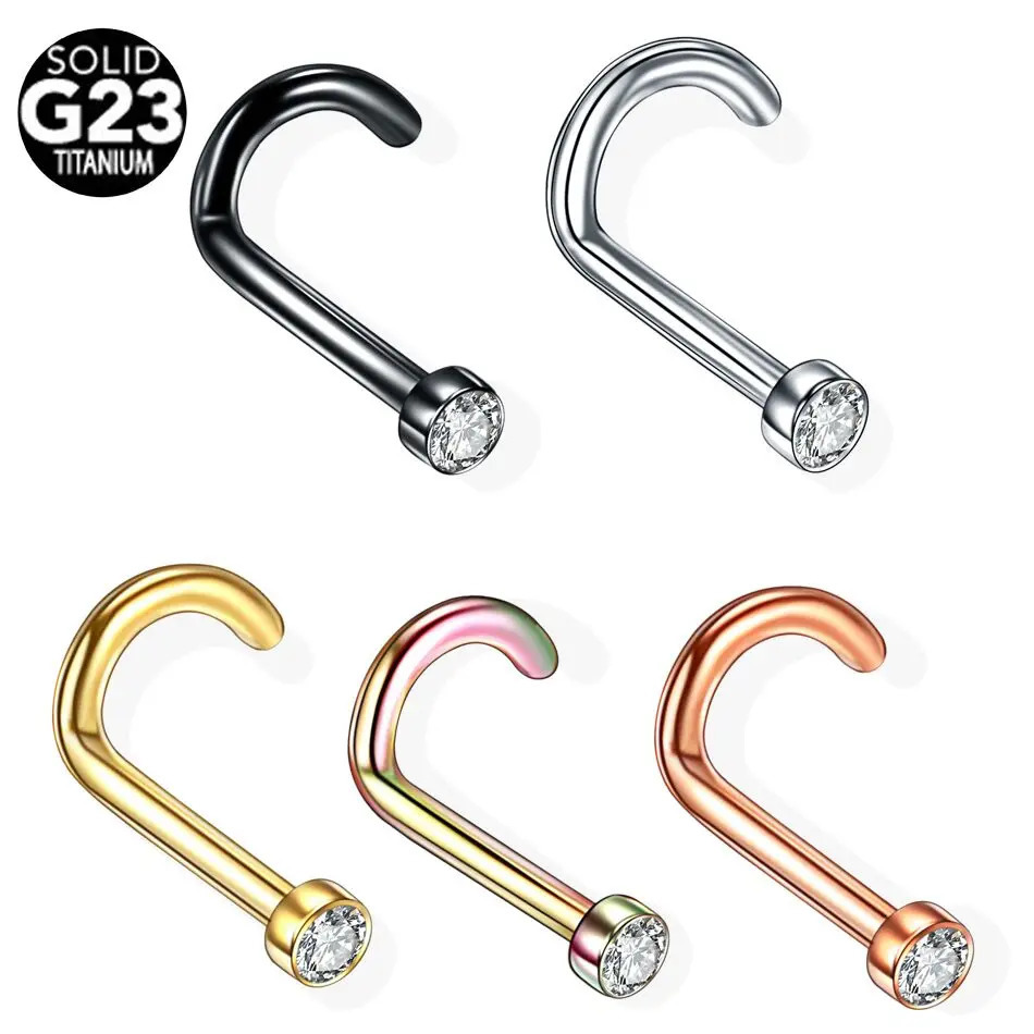 10pcs/lot G23 Gem Bone Nose Stud Nostril Piercings CZ 20G 18G Screw Stud Earring Nose Pircing Nariz 6MM Body Jewelry 250103