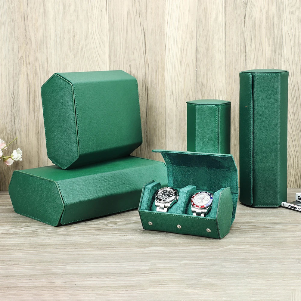 Exquisite green genuine leather hexagonal watch display box 2/3/4/6/8 slot watch rolling box storage organizer bracket 250102