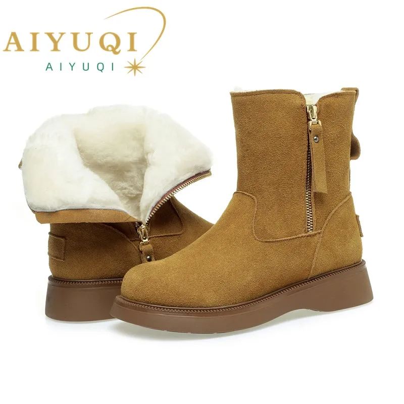 AIYUQI Women Winter Boots Wedge Genuine Leather Natural Wool Women's Snow Boots Anti-slip Warm Women's Booties