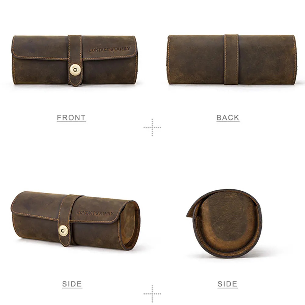CONTACTs Home Handmade Watch Roll Box Organizer 3-Slot Watch Travel Leather Case Bracket Suitable for Men and Women with Buckles 250102