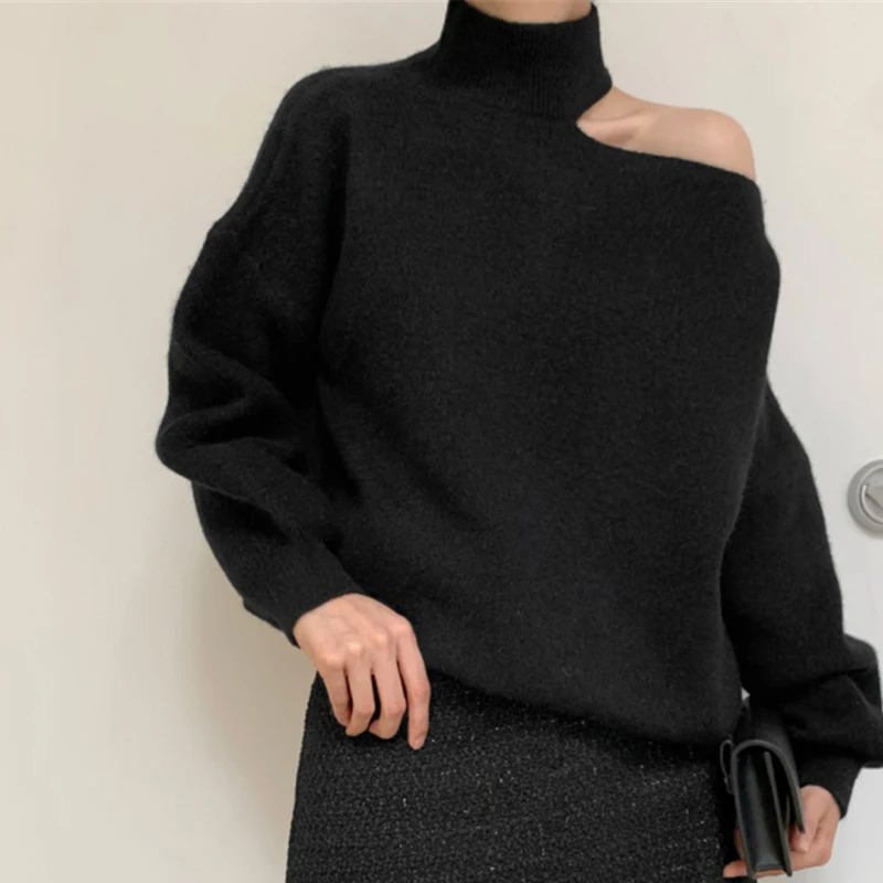 Women Hollow Out Sexy Sweater Turtleneck Long Sleeve Knitted Pullovers One Shoulder Causal For Autumn Winter 250103