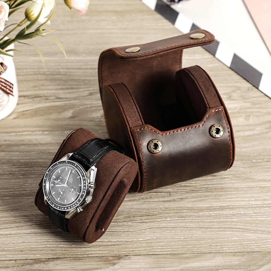CONTACTs family retro leather case mens watch travel watch roll case holder high-quality mens gift 250102