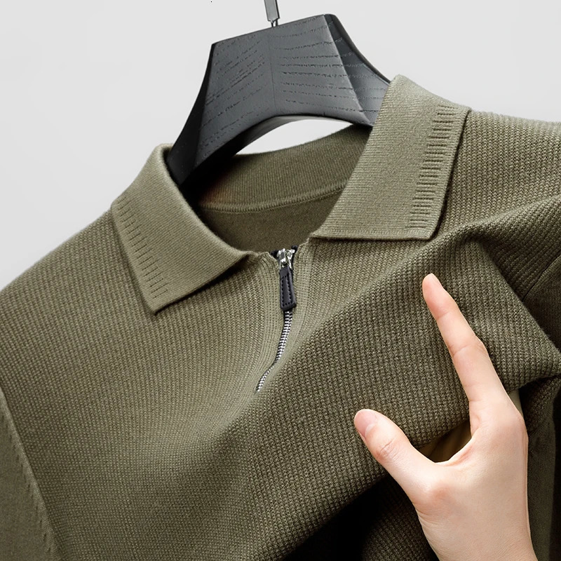 mens knitted polo shirt autumn item solid long sleeved knitted shirt with lapel zipper UK casual exquisite mens clothing 250103