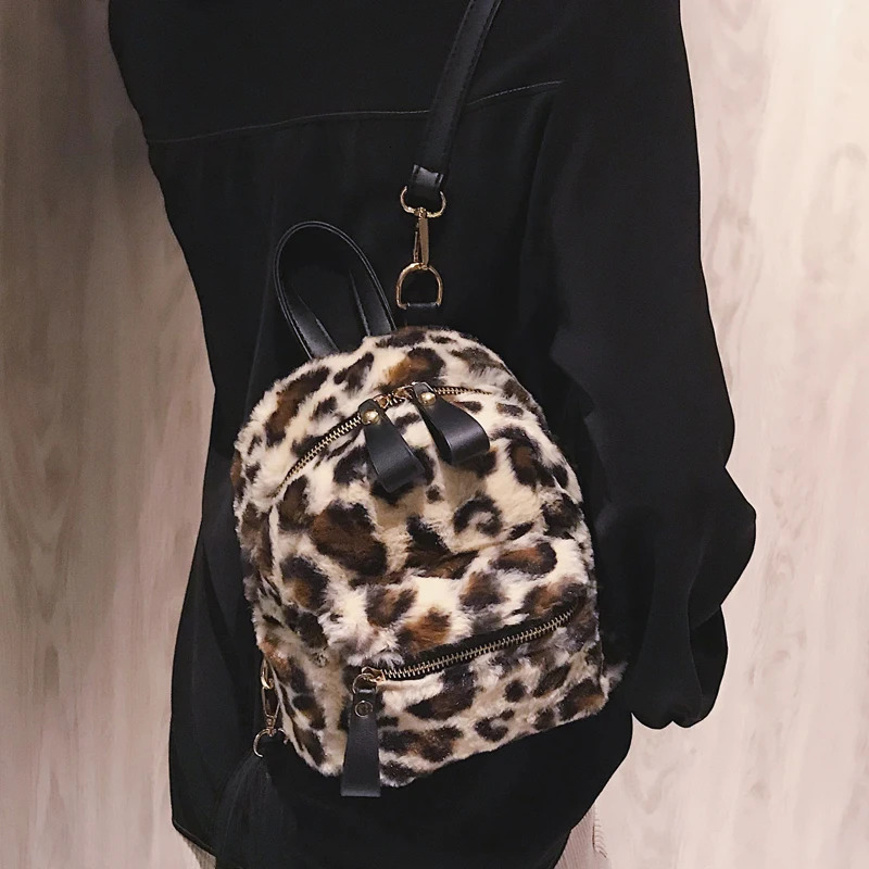 Autumn And Winter Cute Mini Leopard Backpack Velour Double Shoulder Bag Chain School Bags Backpacks 107 250102