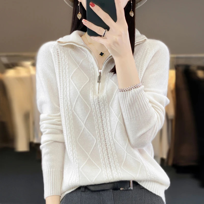 100% Merino Wool Womens Turtleneck Sweater Autumn Winter Casual Knit Loose Top Fashion Zipper Half Open Neck Cashmere Pullover 250103