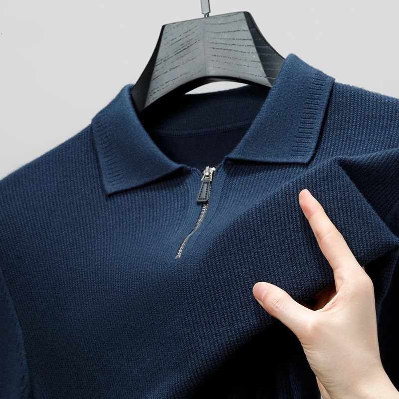 mens knitted polo shirt autumn item solid long sleeved knitted shirt with lapel zipper UK casual exquisite mens clothing 250103