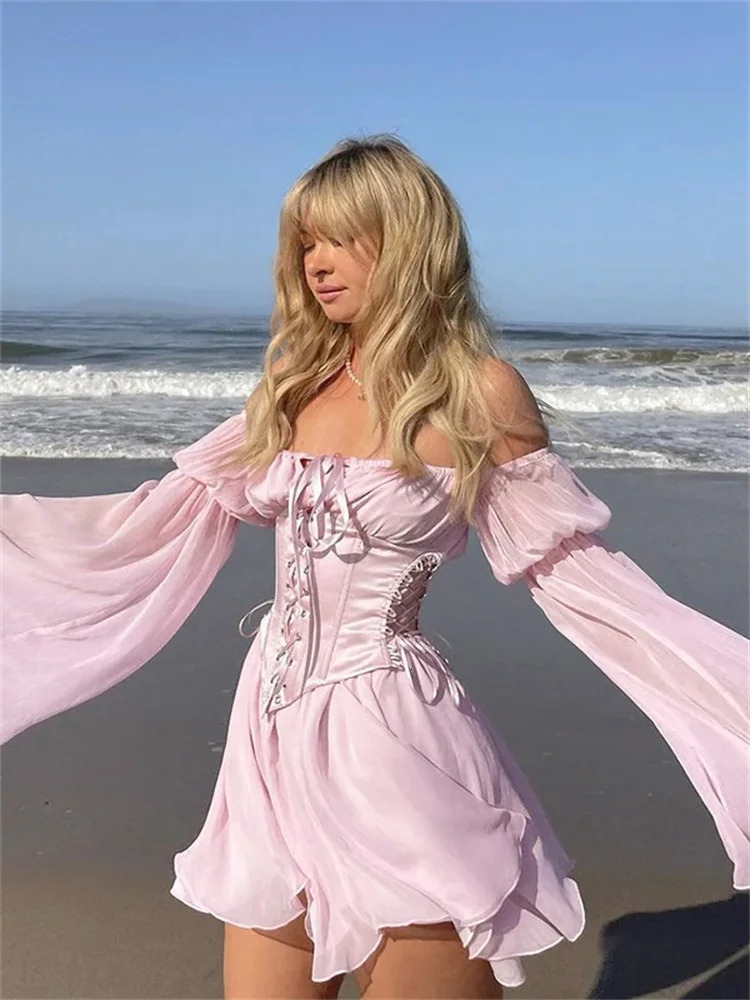 Women Vintage Dress Off Shoulder Long Sleeve Pleated with Bandage Corset Summer Fall Party Evening Elegant Dresses 250103