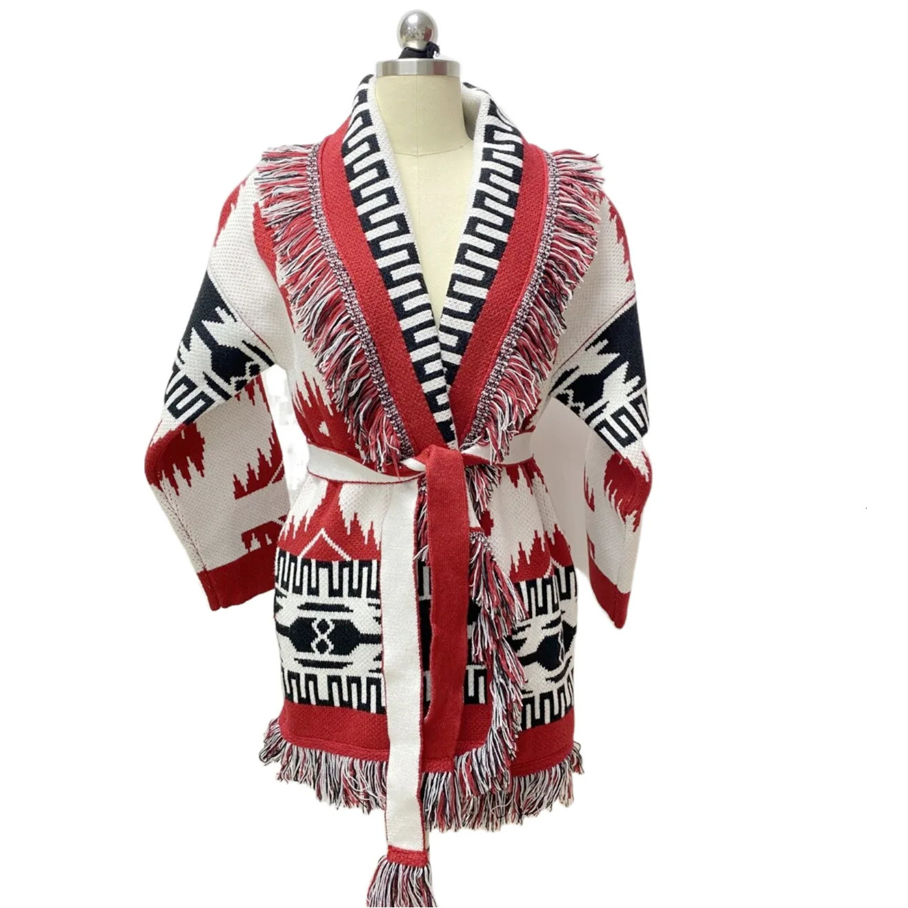 HIGH QUALITY Ethnic Boho Gypsy Bohemian Stylish Womens Cashmere Wool Jacquard Print Fringed Belted Wrap Cardigan In Red 250103