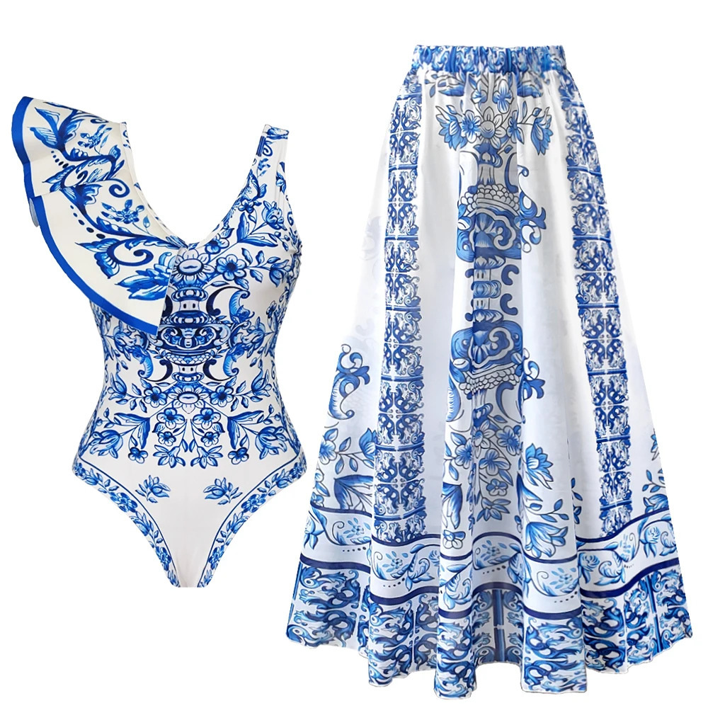 Sexy Ruffle One Piece Swimsuit Women Print Swimwear with Skirt Monokini Print Bathing Suits Swim Suit Wear Beachwear 250106