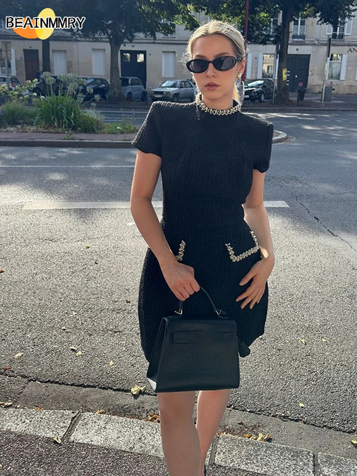 Elegant Tweed Aline Solid Slim Fit Shoulder Pad Short Sleeve Party Dress Lady Round Neck Patchwork Luxury Evening Vestido 250103