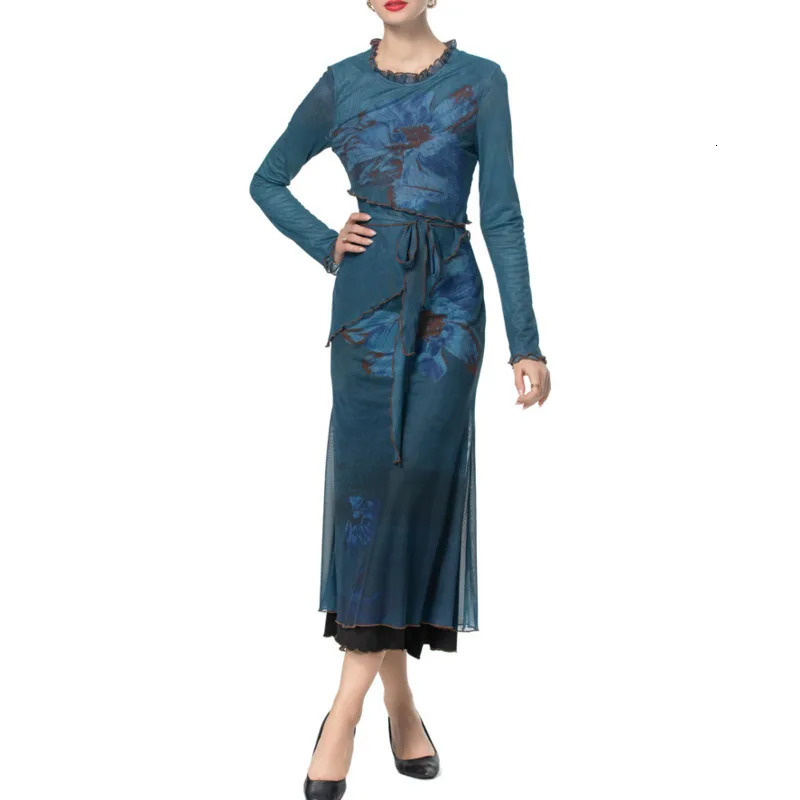 QMQA Fashion Womens Elegant Printed Dress Lace Collar Lace Upper Waist Elastic Bottom Weight Loss Dress 2025 Womens A693 250103